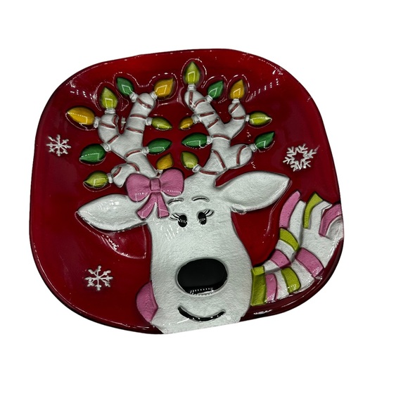 Christmas Rain Deer Platter Plate Artist Fused Painted Glass - Picture 8 of 11